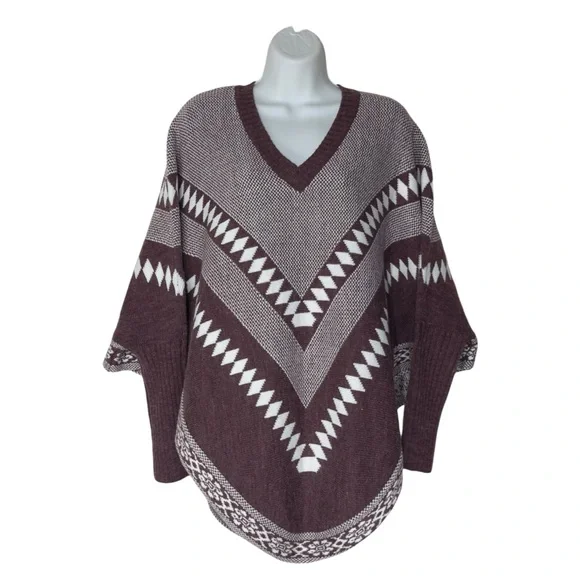 Trendsetter Geometric Knit Poncho Maroon White Boho Cozy Winter Small Medium - Picture 2 of 12